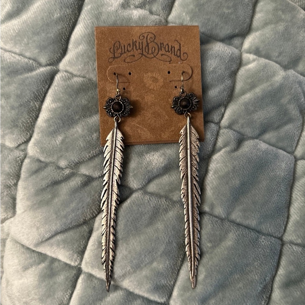 Lucky Brand Silver Feather Drop Earrings